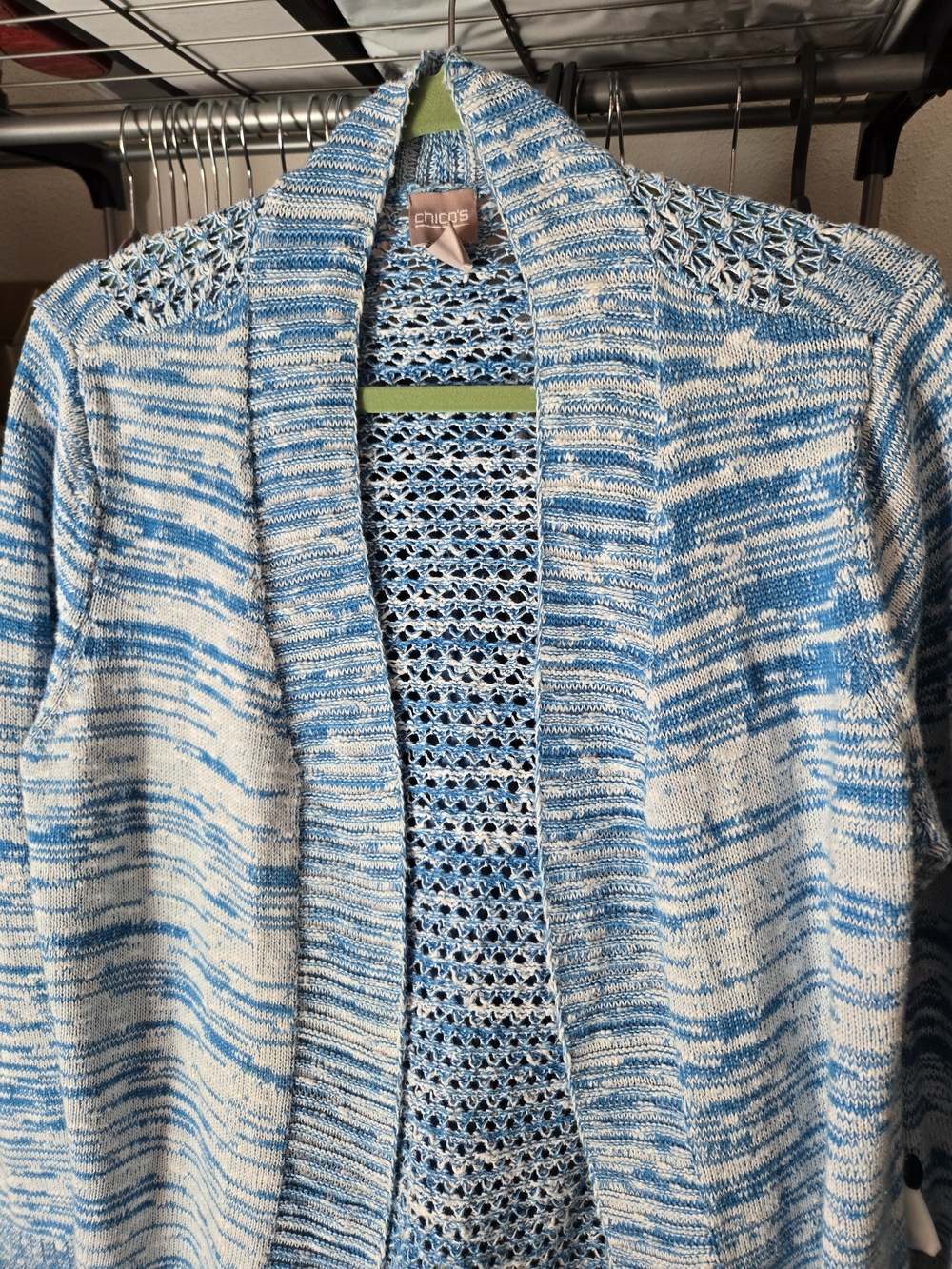 Chico's Blue & White Open-Front Knit Cardigan